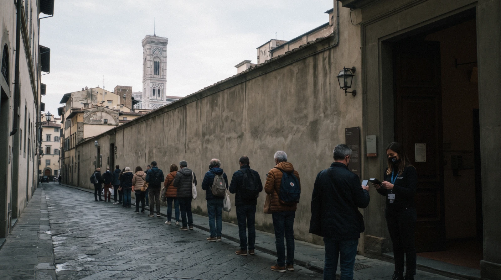 Two lines on Via Ricasoli at 08:10 against the ochre facade of the Galleria dell'Accademia, the short reserved line and the walk-up line, Accademia tickets Florence