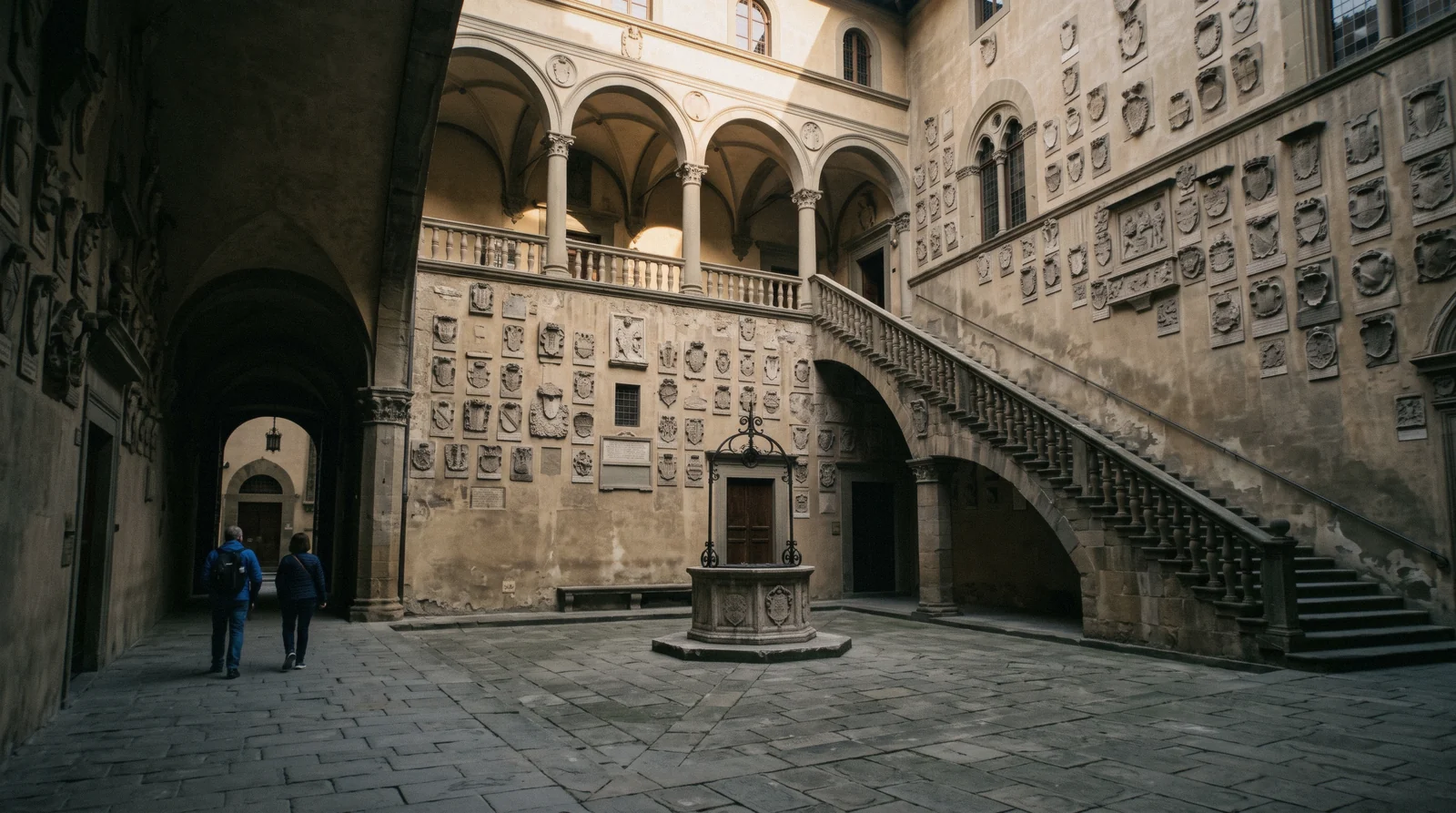 The open stone staircase and coats of arms in the courtyard of the Bargello Museum Florence at 08:20, morning light across the loggia