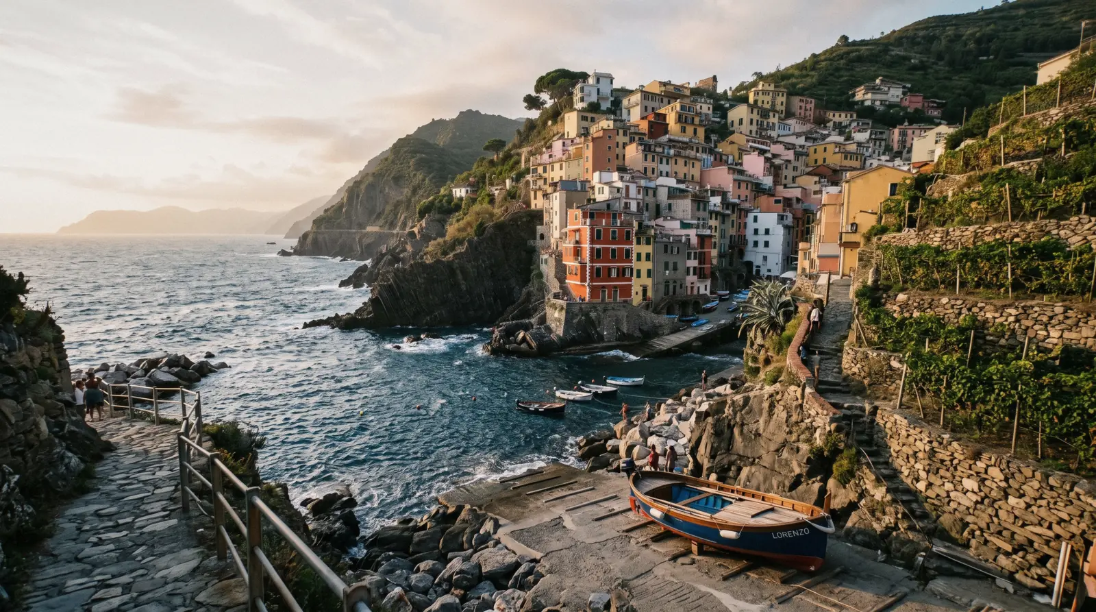 Manarola stacked above its harbour in late afternoon light, the payoff of a Cinque Terre day trip from Florence