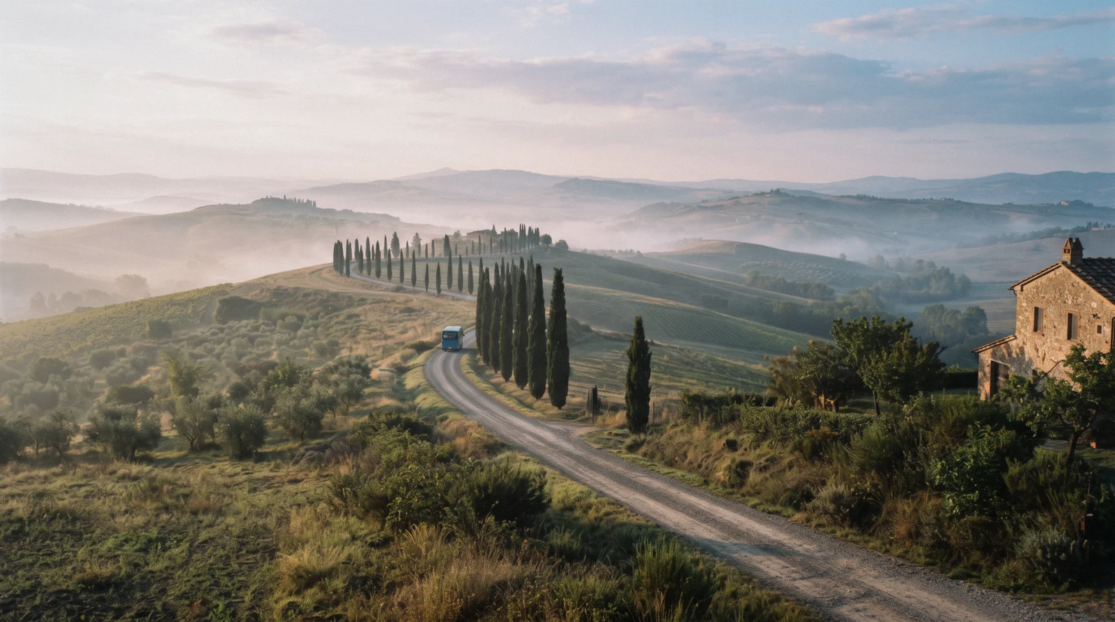 Tuscan road at sunrise near San Gimignano, the landscape of day trips from Florence