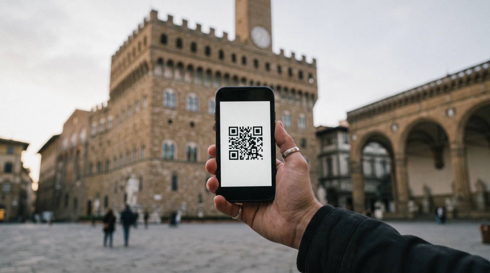 Visitor holding a phone with a plain entry QR code in Piazza della Signoria at 08:30, the Palazzo Vecchio tower behind, Firenze Card museum pass Florence