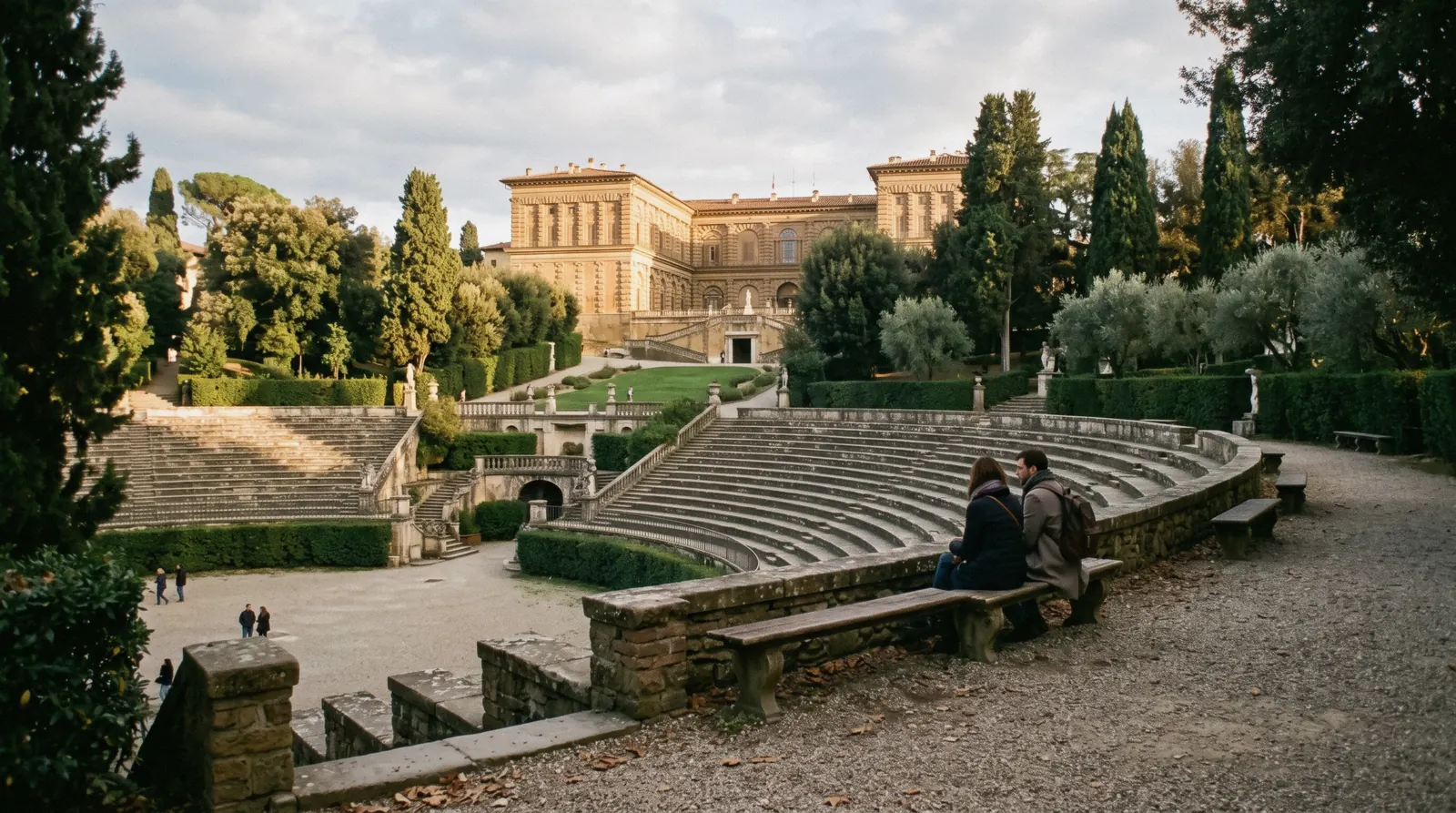 Boboli Gardens amphitheatre and the Pitti Palace in late-afternoon light, the end of day two of a Florence in 2 days itinerary