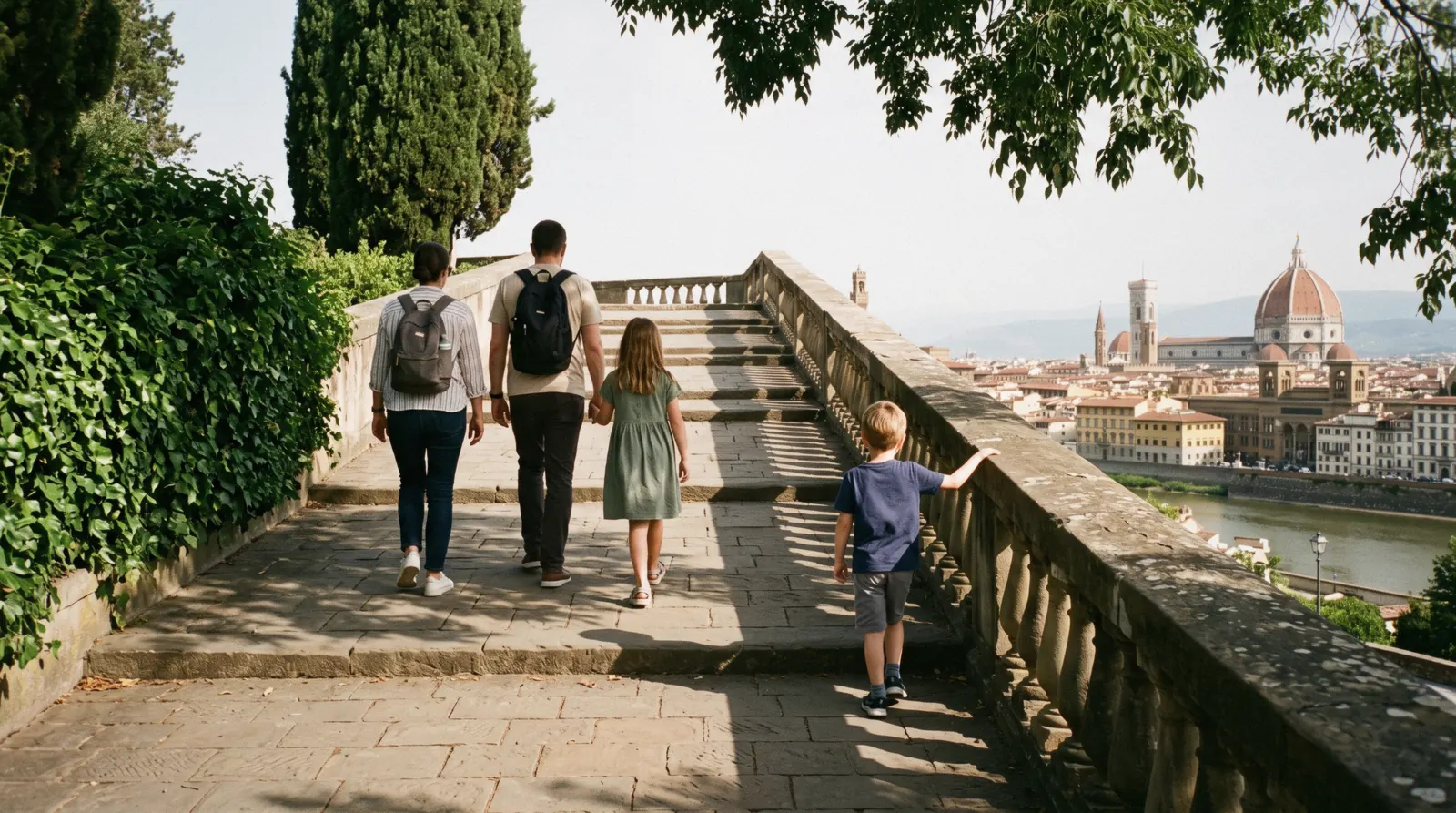 A family on the stairs below Piazzale Michelangelo with the cathedral dome behind, visiting Florence with kids
