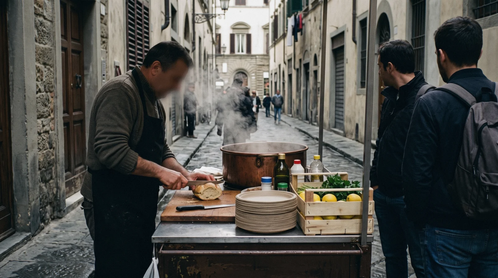 Lampredotto stall steaming in the streets behind San Lorenzo at midday on a Florence food tour