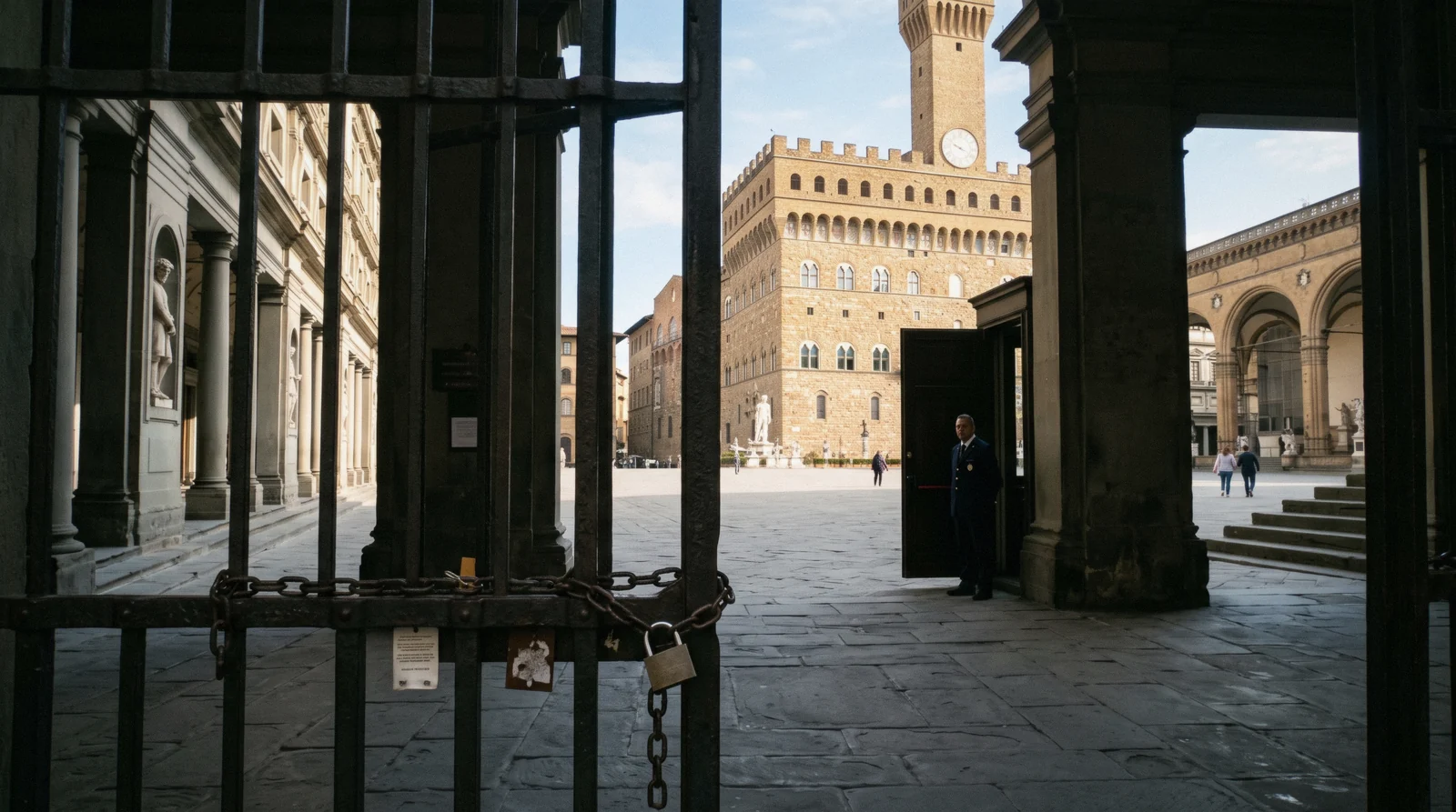 Palazzo Vecchio open at 09:00 on a quiet Monday morning with the Uffizi loggia gates shut behind, Florence museums open Monday