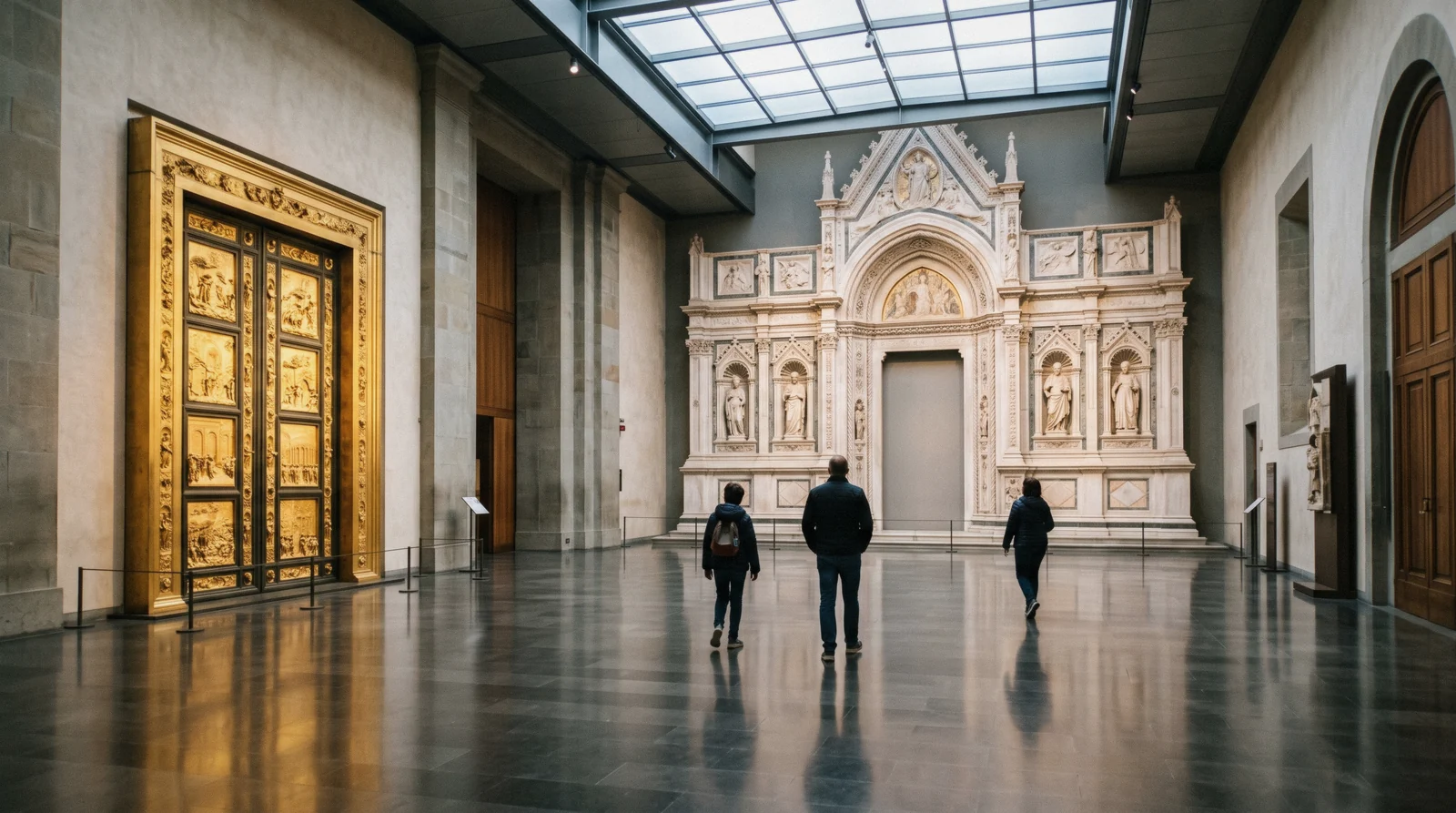 The Sala del Paradiso with the rebuilt cathedral façade and the gilded Gates of Paradise under the skylight, Opera del Duomo Museum Florence