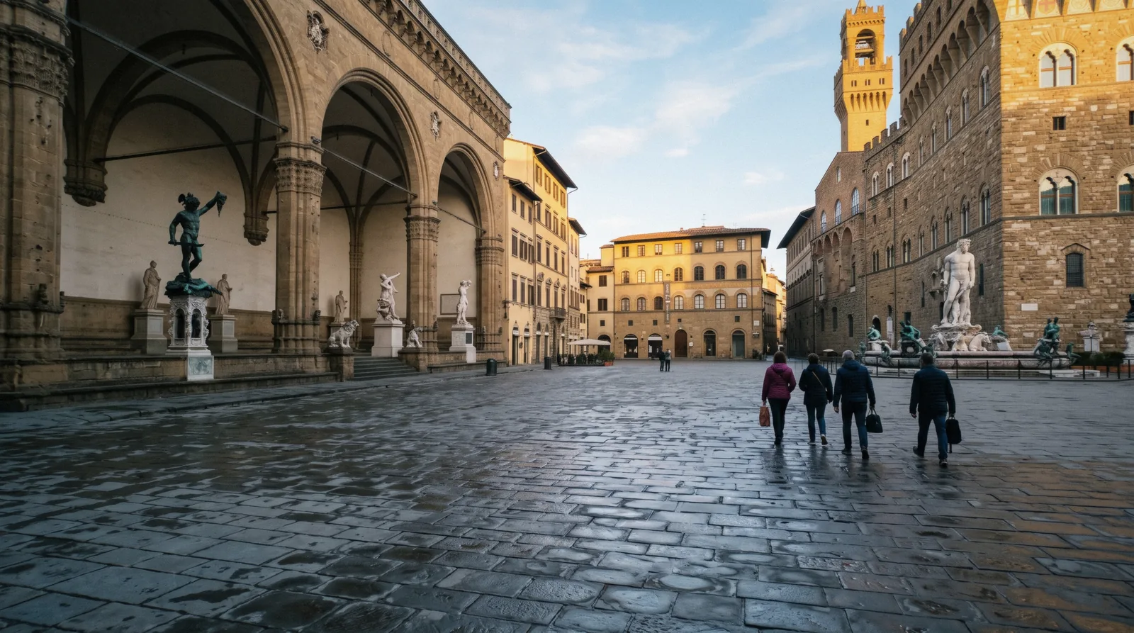 The Loggia dei Lanzi arches and the Neptune fountain in early morning light on the open paving of Piazza della Signoria, Florence