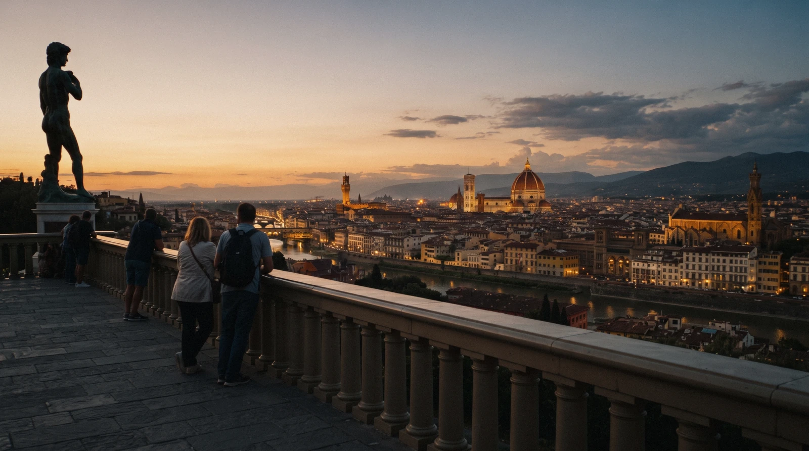 The Florence, Italy skyline from Piazzale Michelangelo at sunset with San Miniato behind
