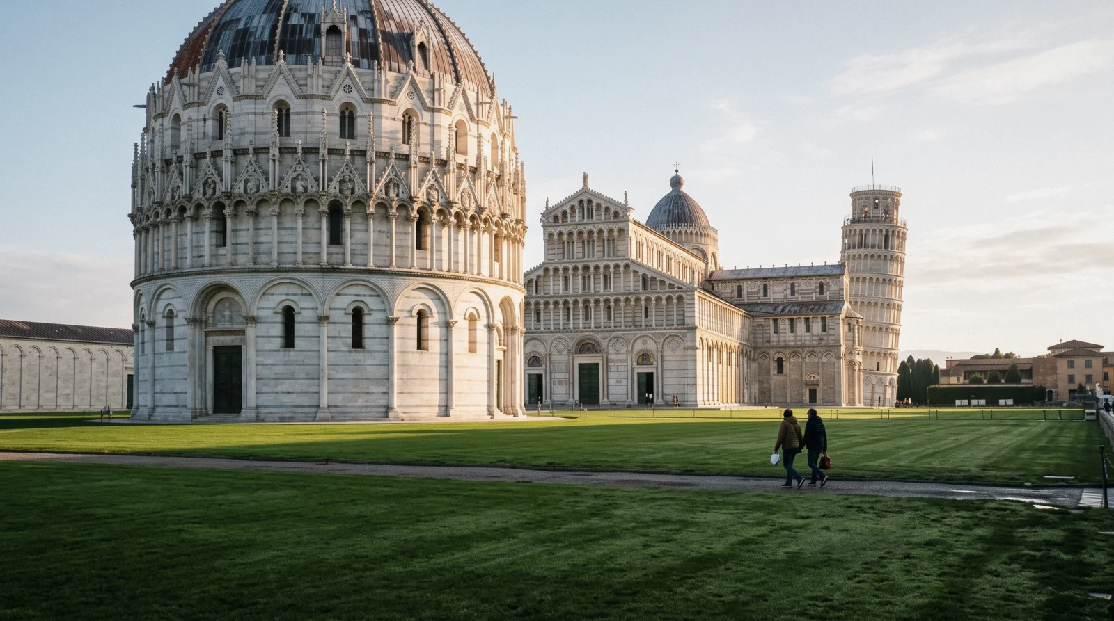 Leaning Tower, Baptistery and Cathedral on Piazza dei Miracoli in early light at the end of a Pisa day trip from Florence
