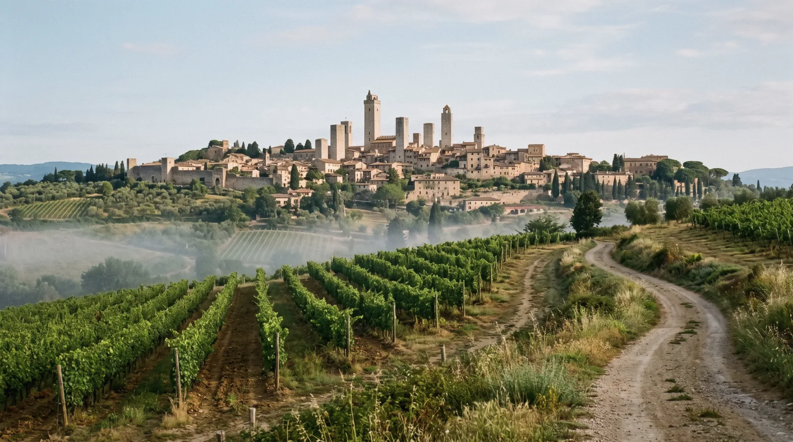 The medieval towers of San Gimignano above vineyards in morning light, seen on a day trip from Florence
