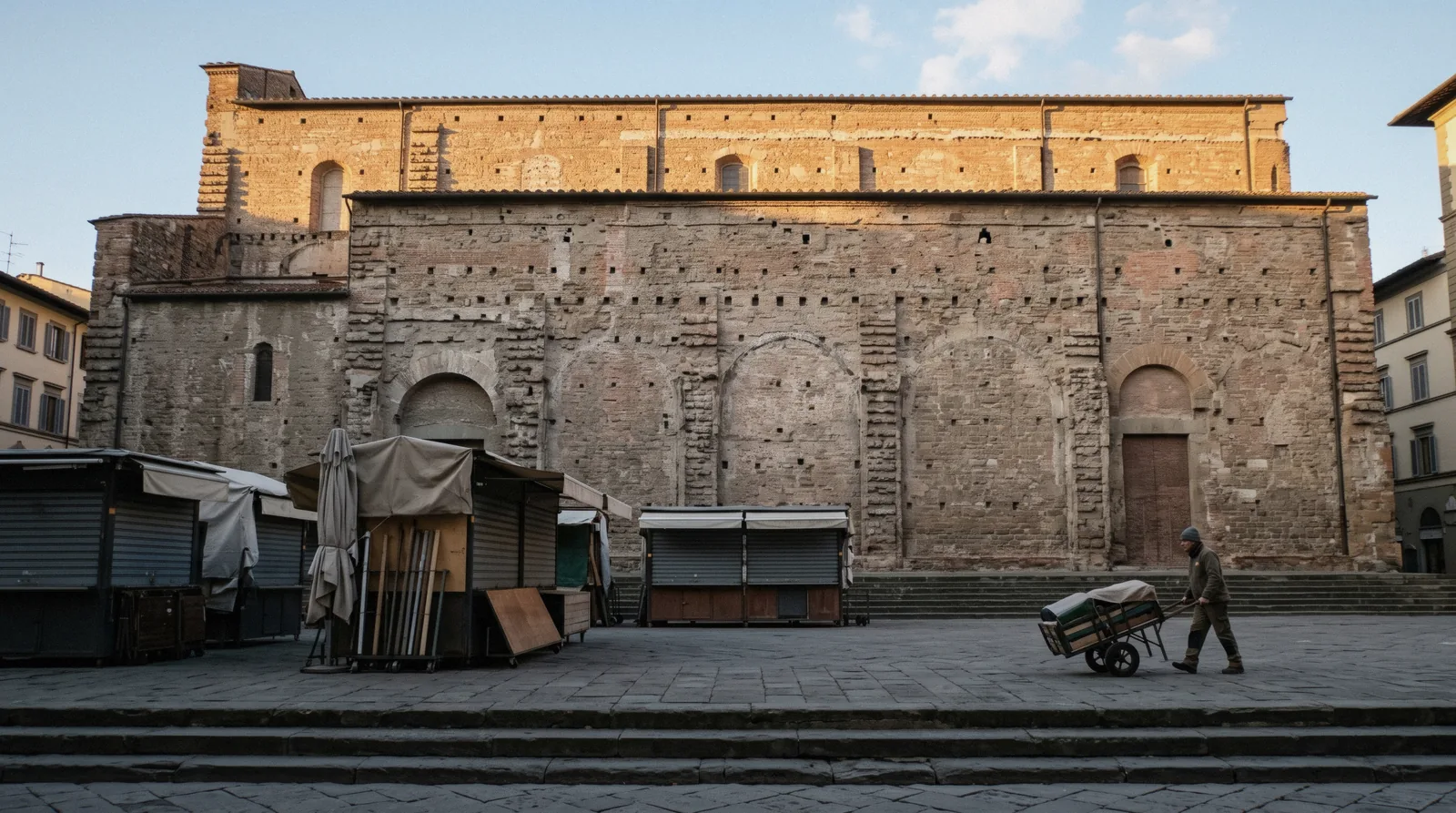 The unfinished brick façade of the basilica of San Lorenzo Florence at 08:15 with market stalls still folded on the square