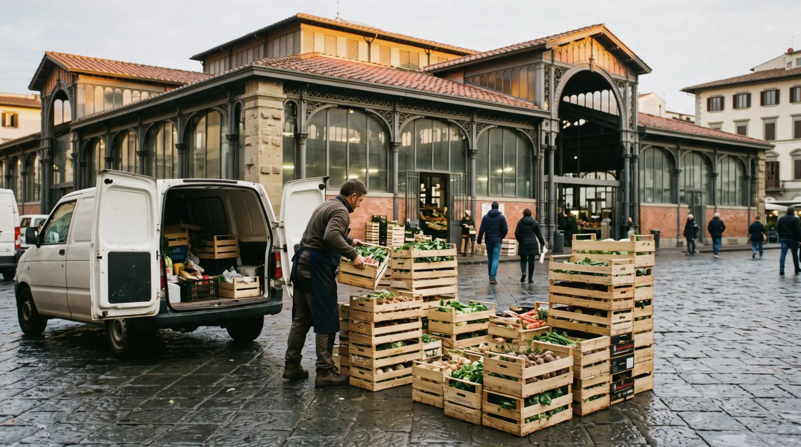 Stalls and crates outside the cast-iron market hall on Piazza Ghiberti at 08:30, Santa Croce district Florence