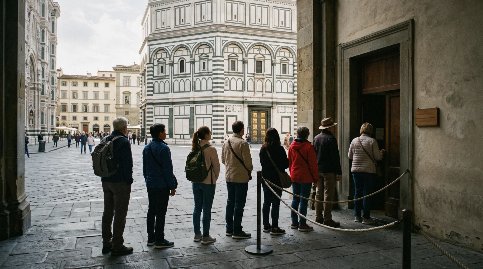 Short morning queue at the ticket office corner of Piazza San Giovanni with the Baptistery behind, buying Florence attractions tickets