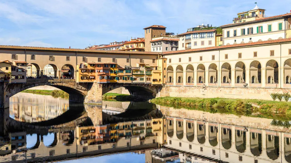 Ponte Vecchio seen from the Vasari Corridor windows on an Uffizi and corridor tour in Florence, Italy