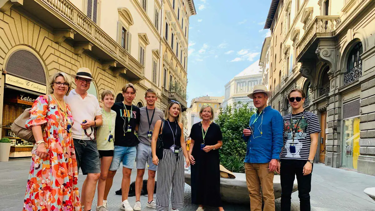 Small group with a local guide in Piazza del Duomo on a Florence highlights walking tour in Italy