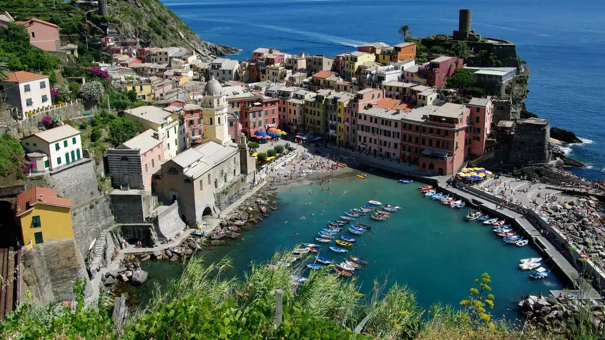 Vernazza harbour on a Cinque Terre day trip with optional hiking from Florence, Italy