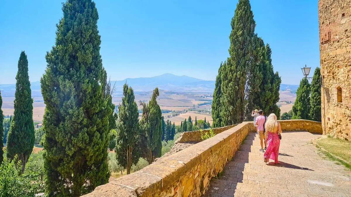 Cypress-lined hills of the Val d'Orcia on a Montalcino, Pienza and Montepulciano wine tour from Florence, Italy