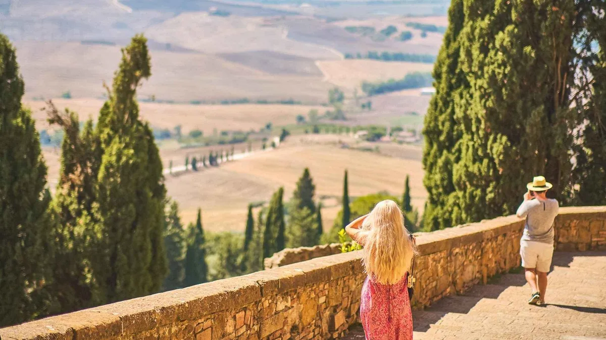 Montepulciano hilltop street on a Montalcino, Pienza and Montepulciano day trip from Florence, Italy