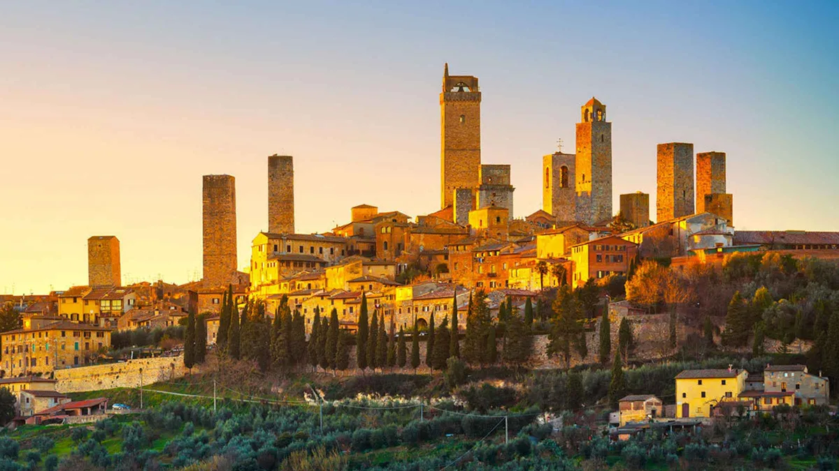 Towers of San Gimignano on a coach day trip from Florence to San Gimignano and Siena through Chianti