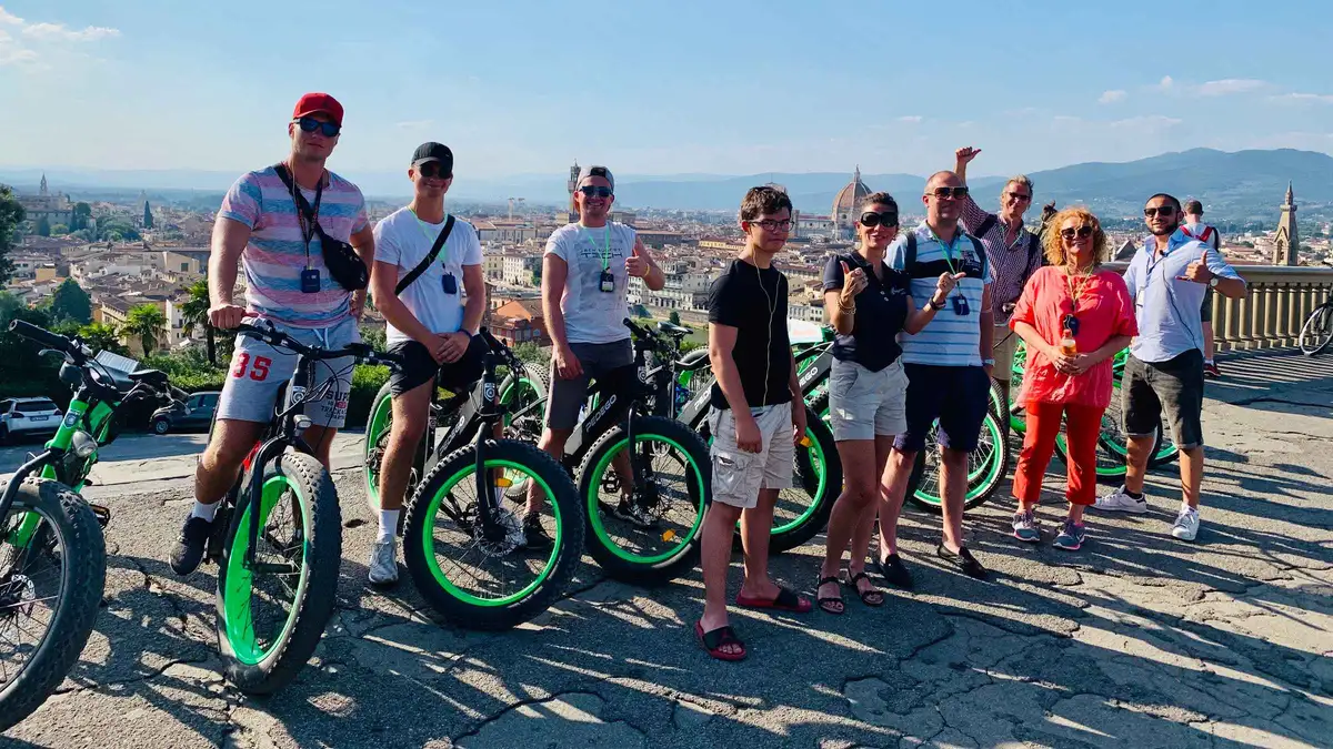 E-bike group at the Piazzale Michelangelo viewpoint on a guided e-bike tour, things to do in Florence