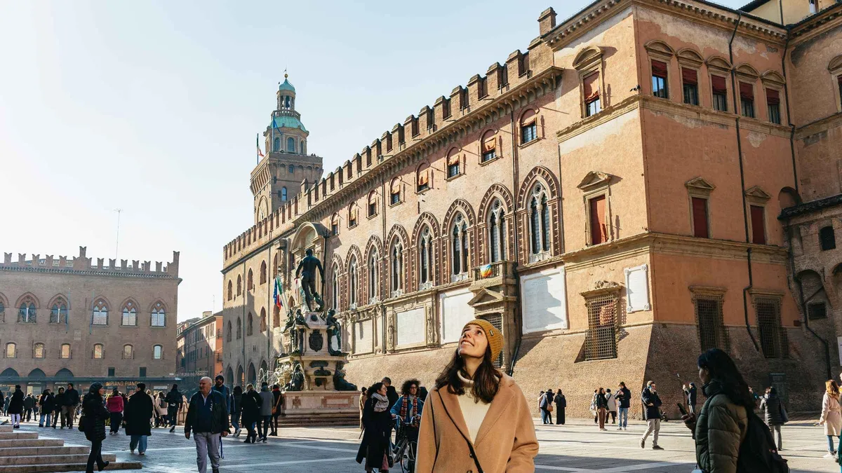 Two Towers of Bologna seen on a city centre walking tour, an easy train day trip from Florence
