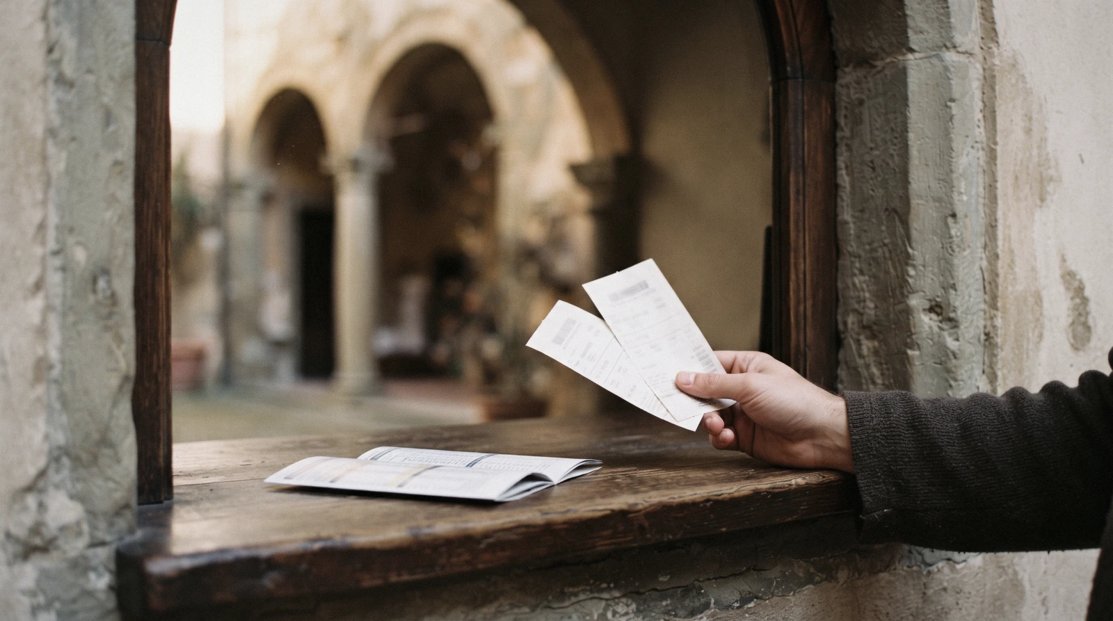 Two queues under the Uffizi colonnade at 08:05, the short reservation line and the long ticket-office line, Uffizi tickets Florence
